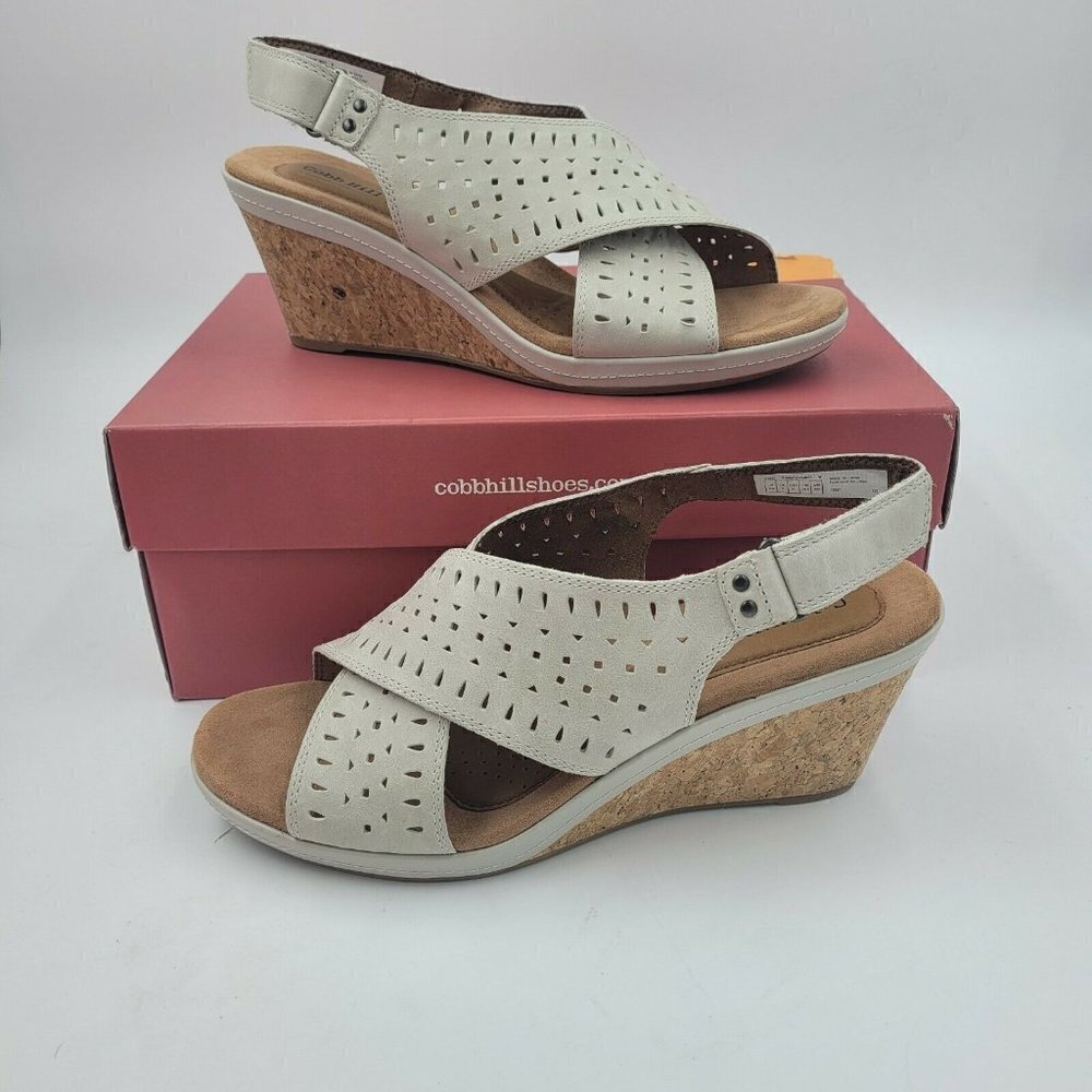 Cobb Hill Janna Slingback Wedge Sandal Shoe White Perforated Leather Siz… - Picture 9 of 10